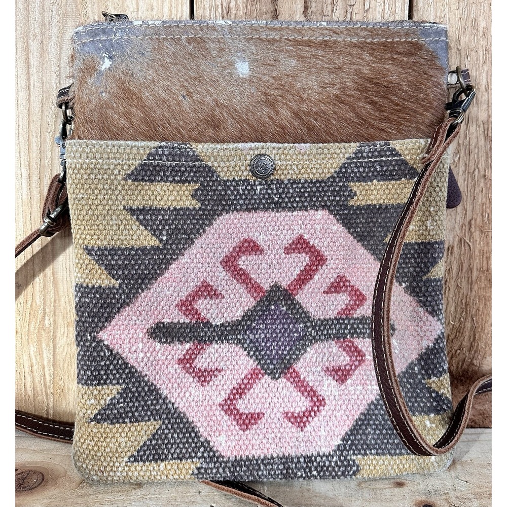 Myra Angle Crossbody Western Purse Aztec Cow Fur Distressed Leather Boho